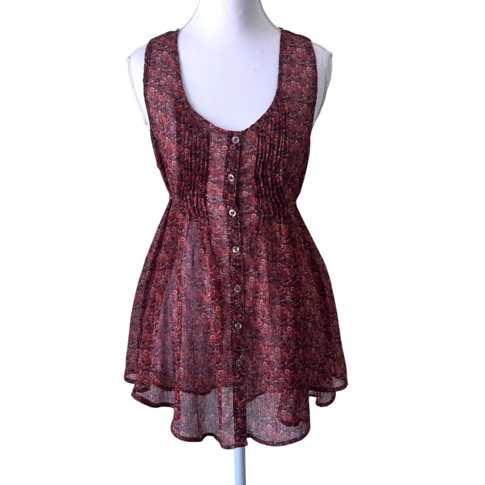 American Rag Cie Floral Sheer Tunic Top Women Red Boho Button Up Sleeveless Sz M